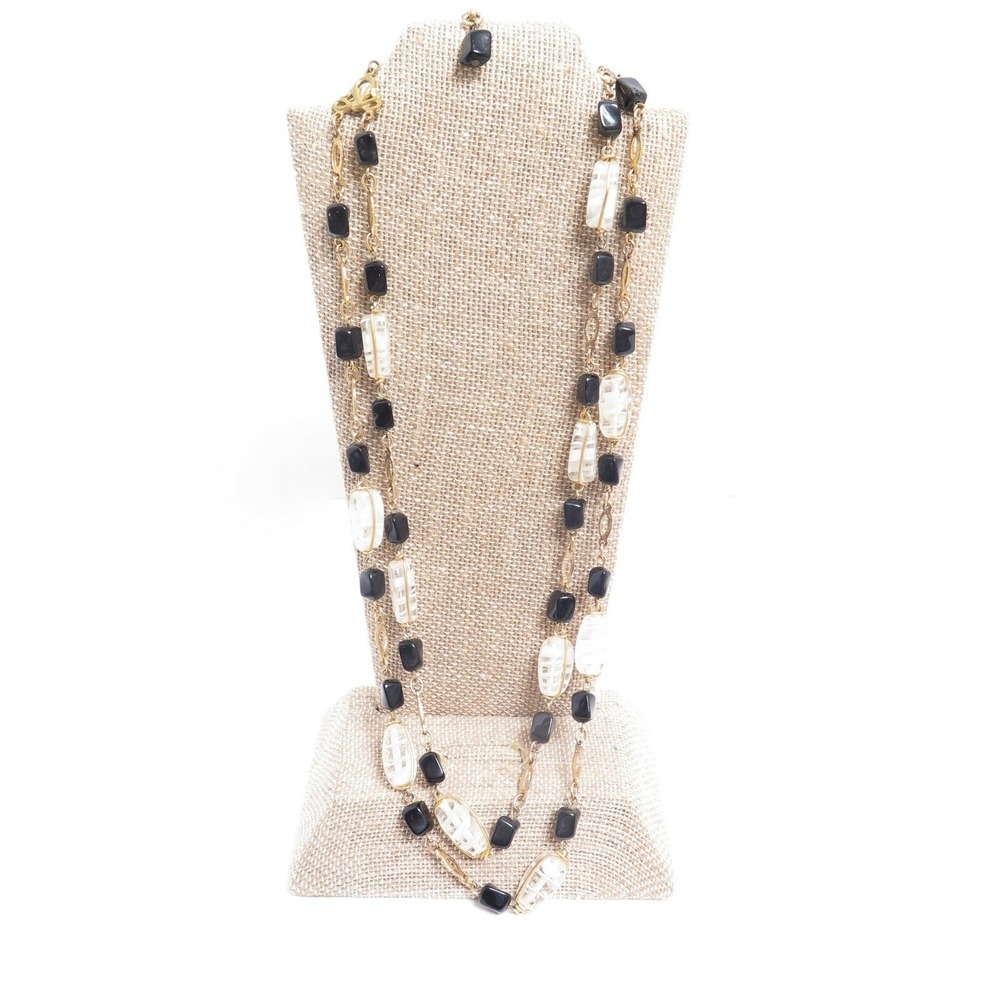VINTAGE CLEAR WHITE ART GLASS & BLACK BEAD 2 STRAND ADJUSTABLE GOLD TN NECKLACE